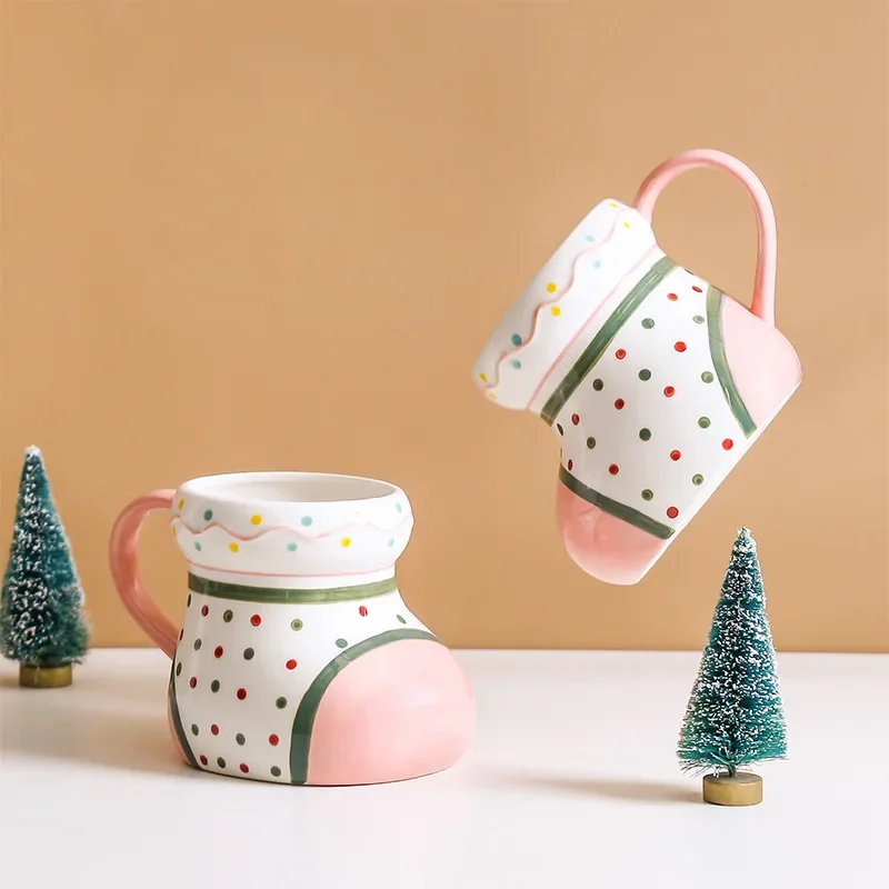 Cute Christmas Boot Underglaze Ceramic Mug - INS Trendy Cup for Office & School, Creative Gift Box Packed