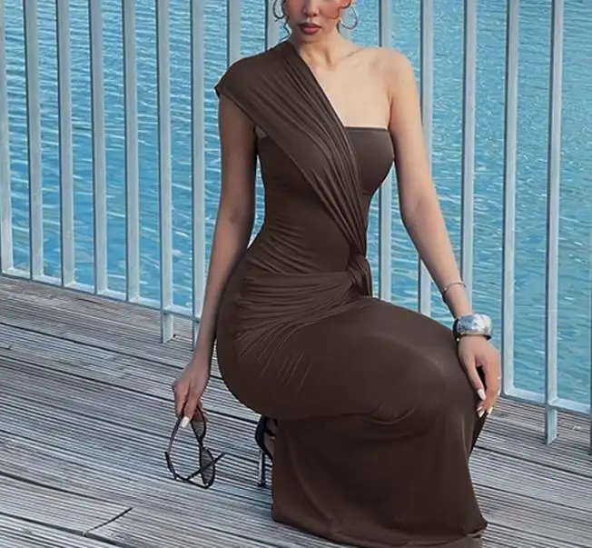 

Women Dresses 2026 Spring New Fashion Sexy Side Hollow Waist Cross Strap Single Shoulder Sleeveless Solid Color Slim Long Dress