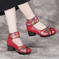 Zapatos de cuero auténtico para mujer, tacones de bloque rojo, cómodos, pequeños, de presión, para travestis, mamá