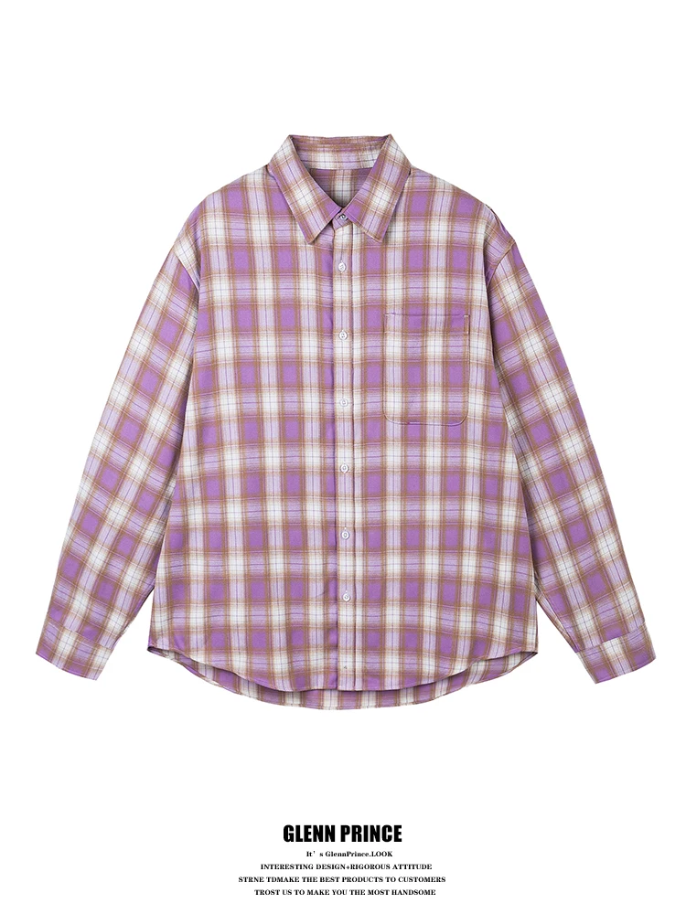 Loose Long Sleeve Men's Shirt GPstudio Japanese Style Trendy Patch Pocket Purple Plaid Versatile Casual Fashion Spring Autumn