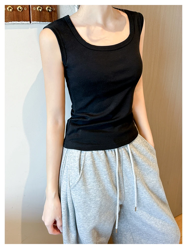 Solides ärmelloses Tanktop für Damen, Sommer-Basic-Top mit dehnbarem, quadratischem Ausschnitt, sexy schulterfreies Top – Detail 3