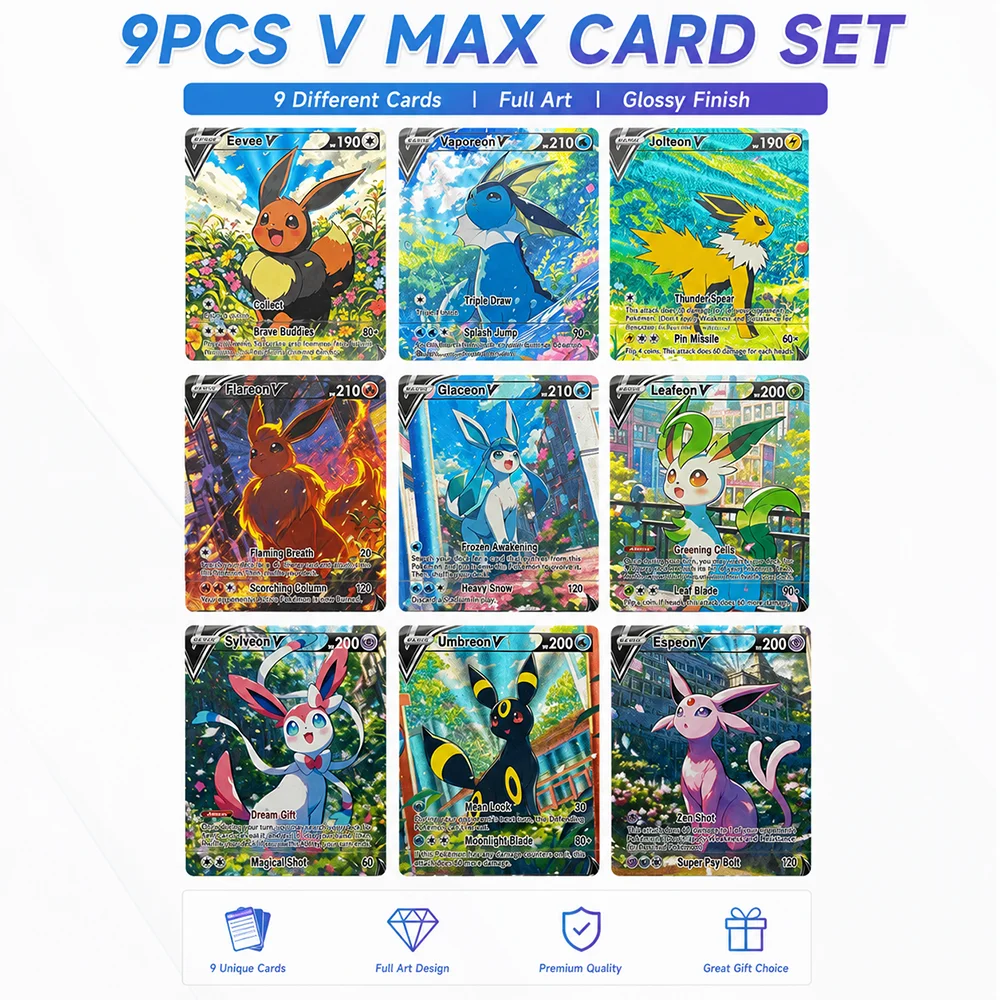 Lot de 9 cartes à collectionner PTCG Anime Evolution V, Full Art Holo Foil, Ensemble de cartes à échanger Umbreon Espeon Sylveon Eevee, Cadeau pour collectionneur