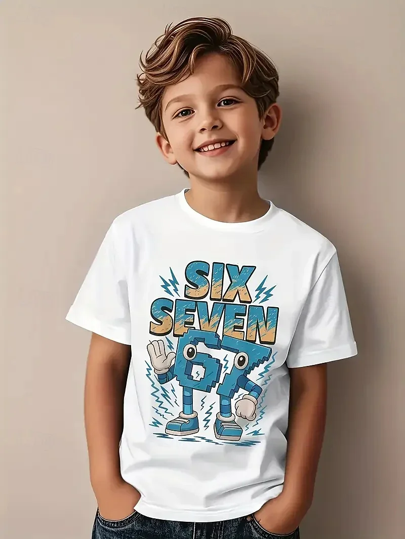 2026 New Kids Boys' Teal A Brain Rot 67 Six Seven Funny Gamer Meme for Parent-Child Summer T-Shirt 6-7 Funny Y2k Tee Tops