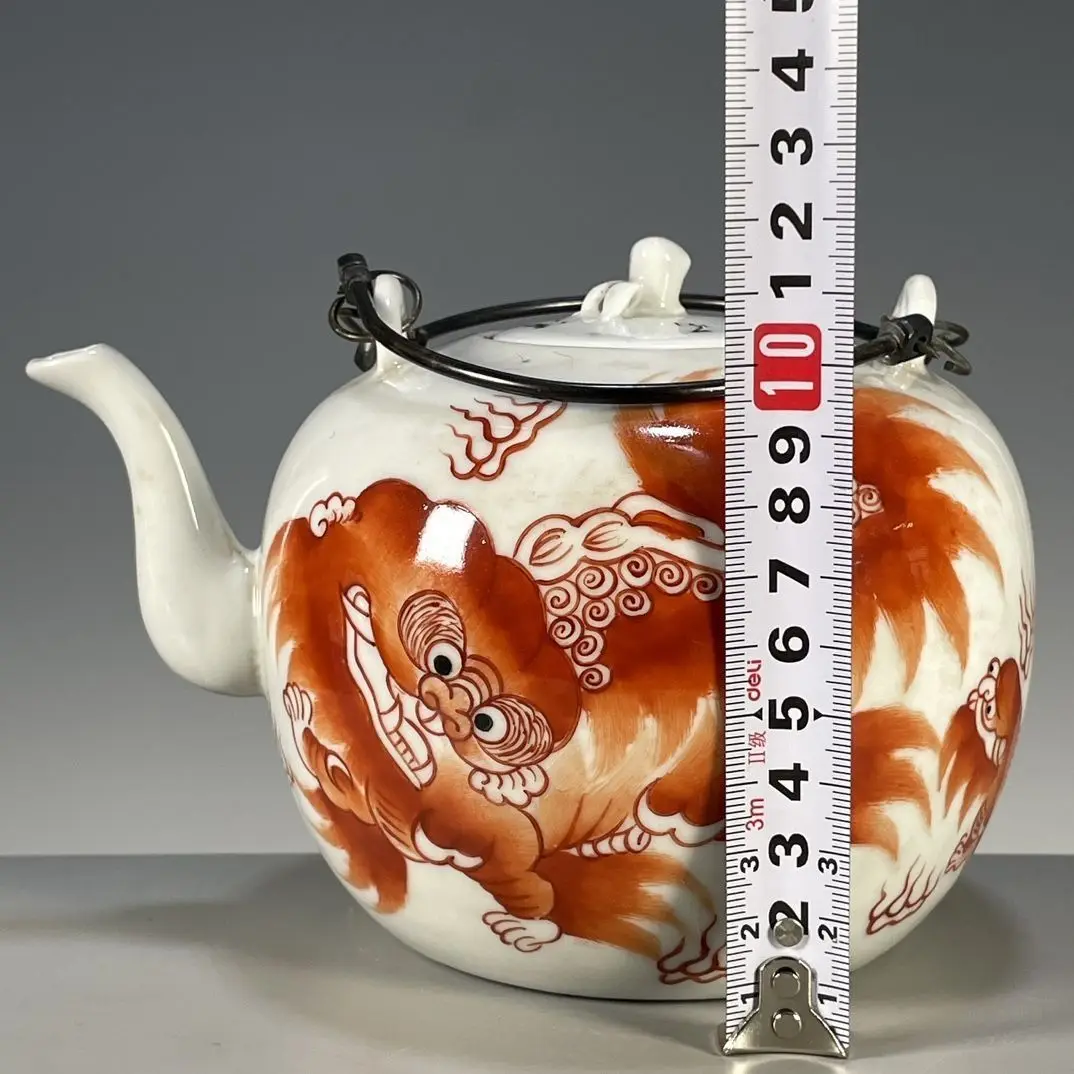 Chinese Wenwan Hand Drawn Porcelain Bail Handle Teapot, Classic Taishi Shaobao Lion Pattern Water Kettle Decor Vessel