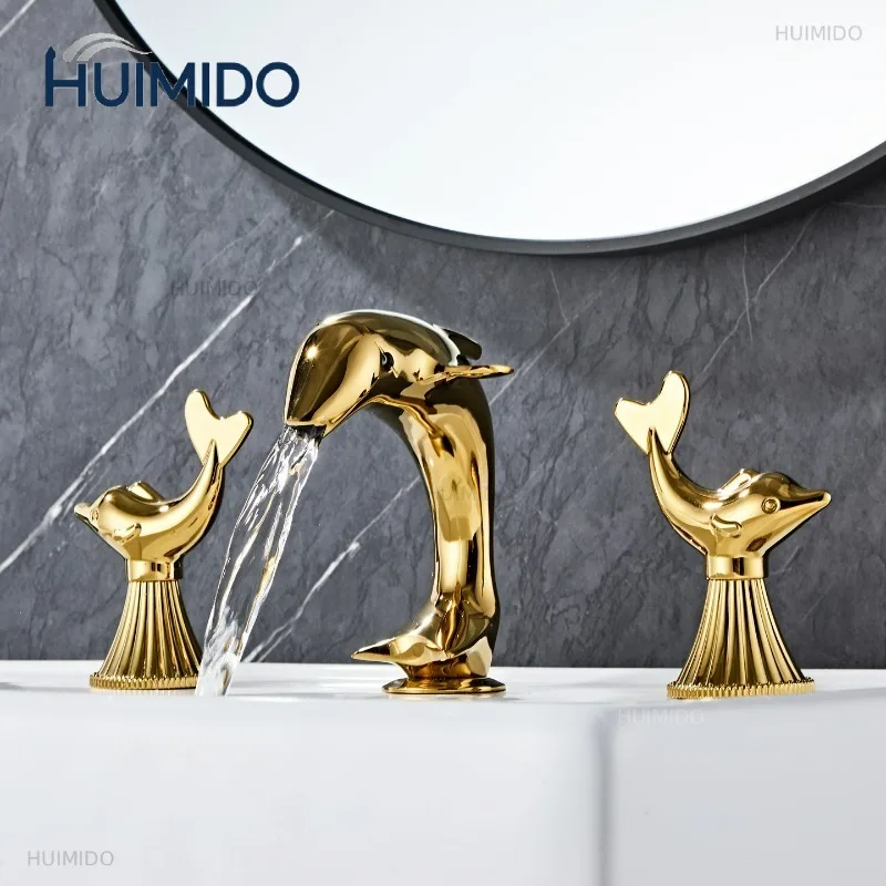 All-copper Gold Bathroom Faucet with 2 Dolphin Handlehot and Cold Double Handle Three-hole Faucet for Bathroom Sink or Bathtub