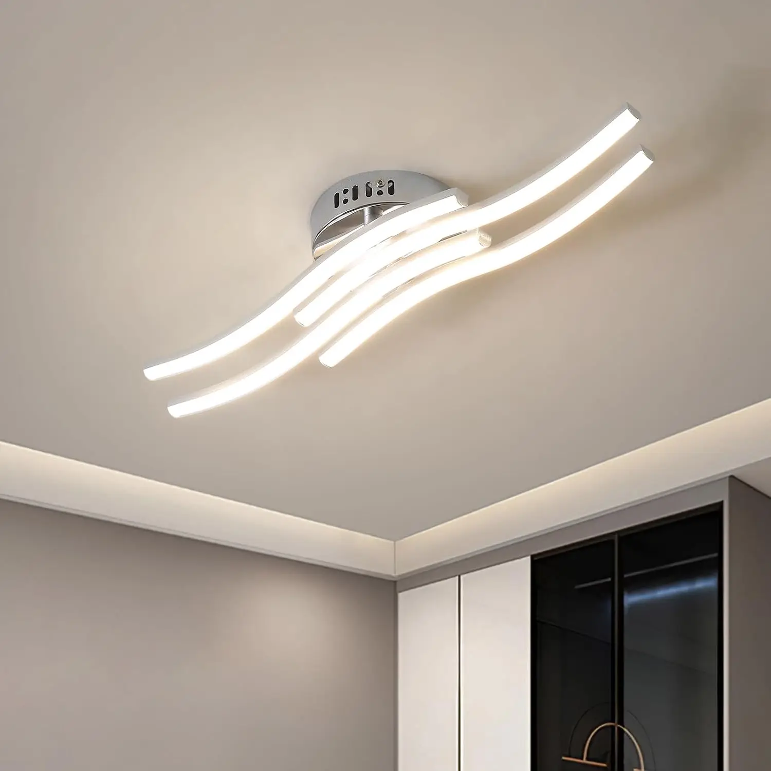 Lampada da soffitto a LED moderna, con 4 pannelli a LED a forma di onda, finitura argentata, da incasso, ideale per soggiorno, camera da letto, cucina, corridoio e ufficio.