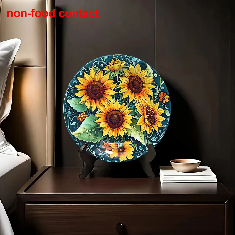 

1 шт. керамическая тарелка с ручной росписью «Подсолнух и бабочка» — круглая декоративная художественная тарелка с ручной росписью цветов, подсолнух и