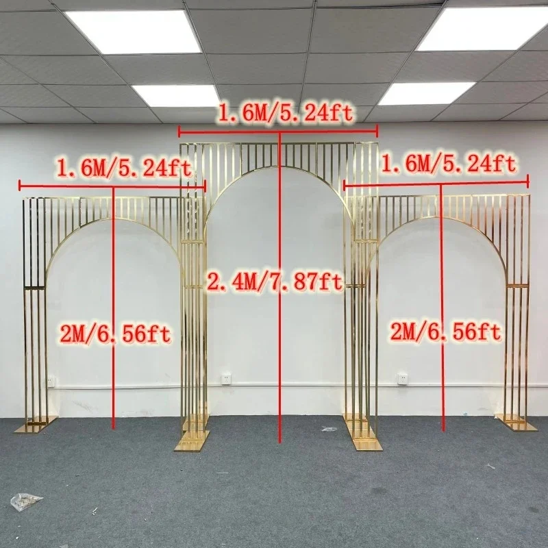 1/3-teiliges 2,4 m hohes goldfarbenes Hochzeitsbogen-Set, geschlitzter Hintergrundständer, schmiedeeiserner Metallrahmen für Outdoor-Zeremonien, Bühnen- und Partydekoration – Detail 1