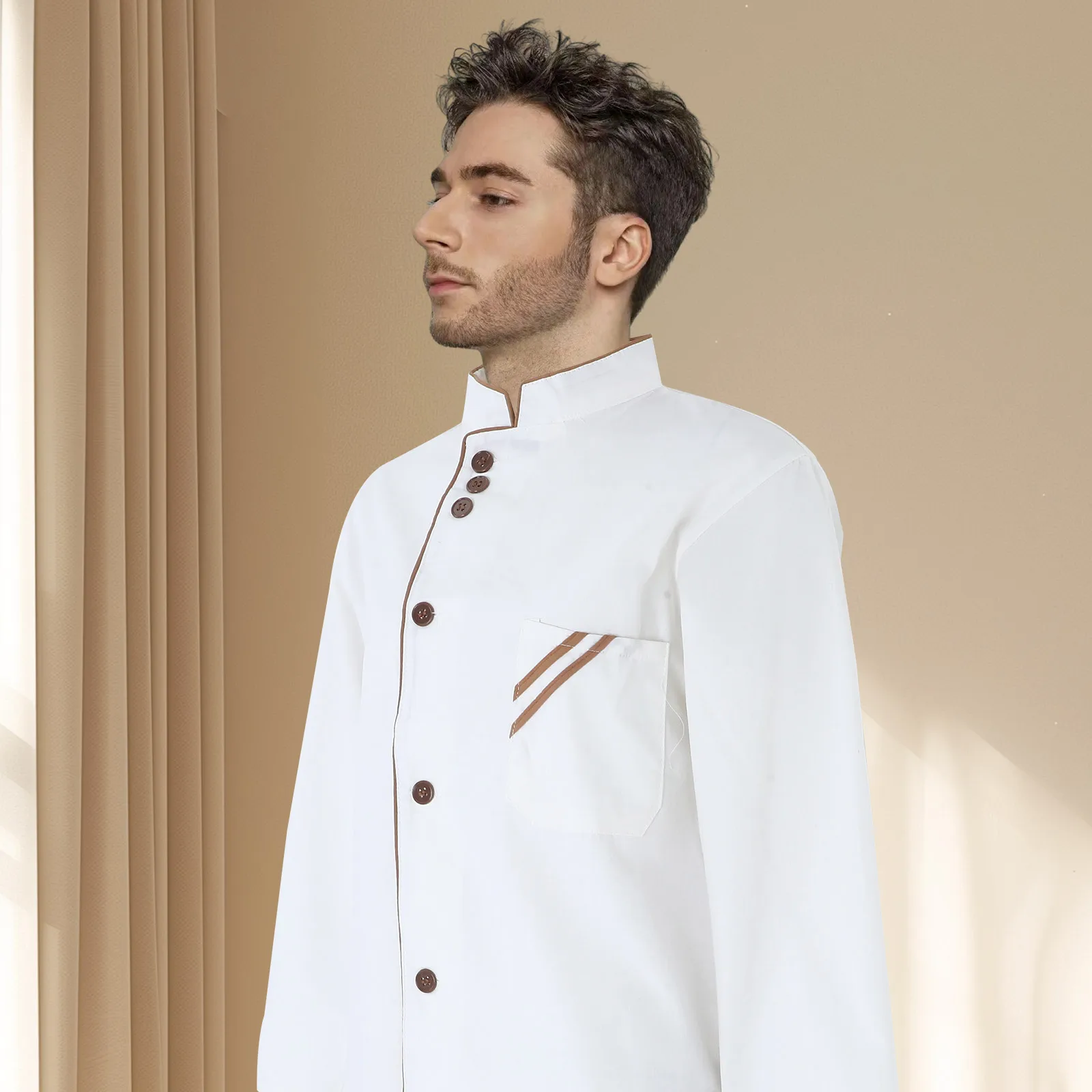 긴 소매 요리사 재킷 화이트 커피 스트라이프 세탁 가능 오일 방지 유니폼 레스토랑 호텔 주방 케이터링 작업복