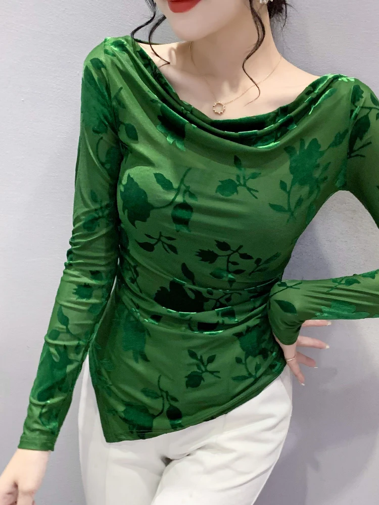 섹시한 롱 슬리브 언더레이 티셔츠 여성용 패셔너블한 언밸런스 밑단 원숄더 탑 한국 스타일 출퇴근용 독창적인 패턴