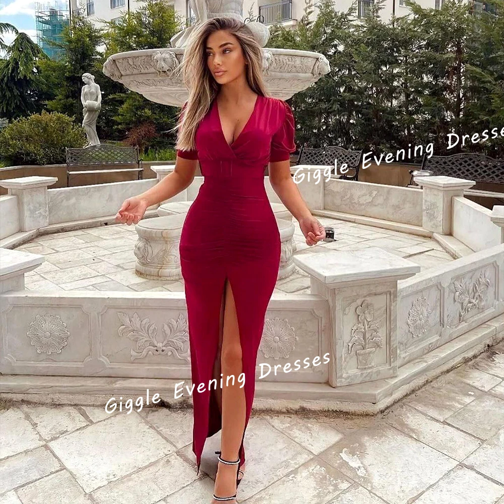 V-Neck Close-Fitting Crepe Prom Gown Saudi Arab Pleating Slit Floor-Length Summer Elegant Ladies Cocktail Evening Dresses 2024