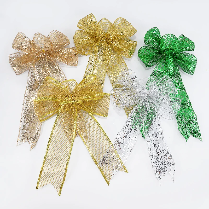 

30cm Large Christmas Ribbon Bow Polyester Gold Glitter Bowknot Xmas Tree Hanging Ornaments New Year Home Decoration Navidad 2025