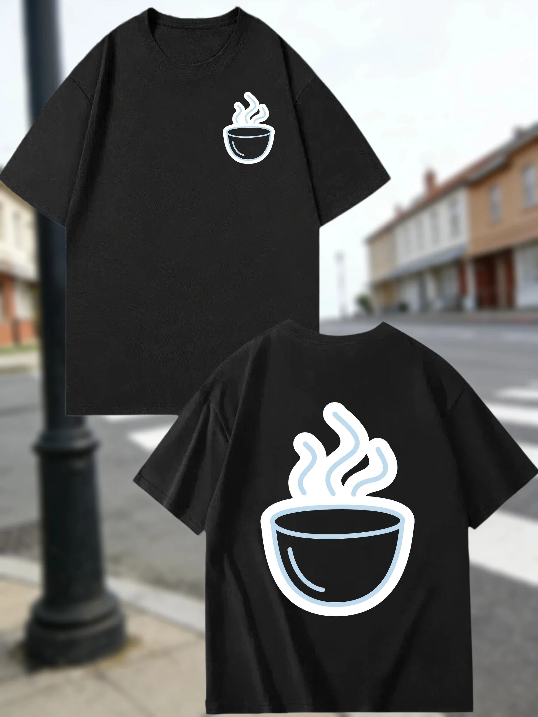Black Double Sided Print Tee Skin Friendly Fabric Hot Coffee Cup Steaming Soup Bowl Graphic