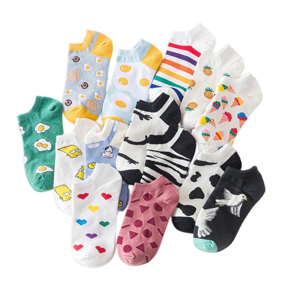 Funny Cute Happy Animal Fruit Foods Eggs Short Socks Cartoon Omelette Strawberry Pineapple Rainbow Stripes Sokken Dropship