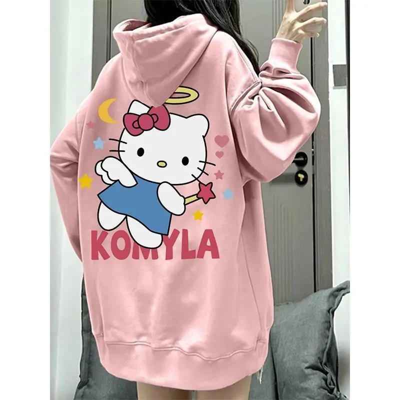 Sanurgente-Pull polyvalent à manches longues Hello Kitty pour femme, sweat à capuche décontracté, pull ample, mignon, automne, nouveau