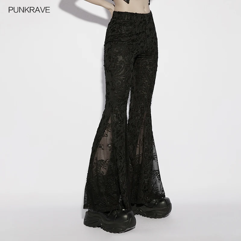 PUNK RAVE Women's Gothic Embossed Jacquard Lace High Waist Smooth Flared Pants Legs Vintage Elegant Black Trousers