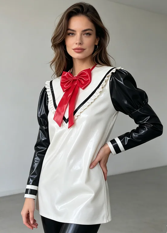 100% Latex Gummi Rubber Top cosplay jumpsuit bow uniform