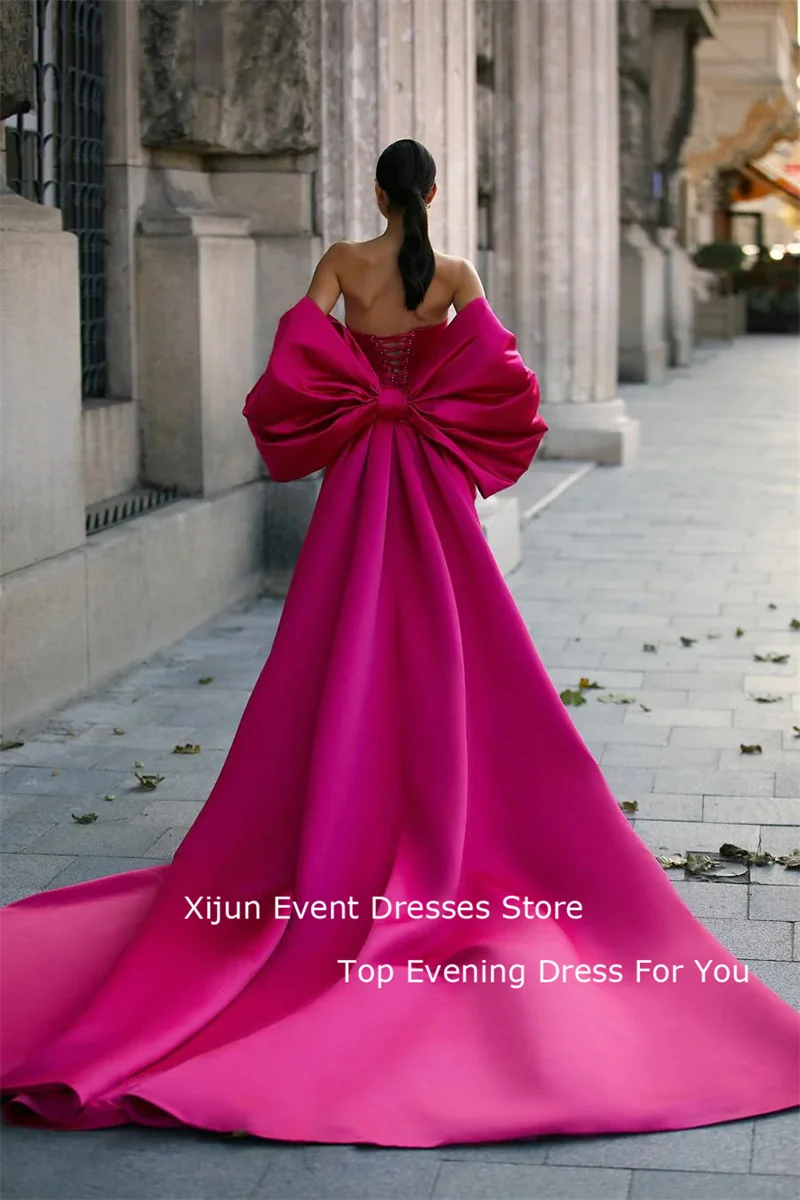 Xijun Mermaid Evening Dresses Hot Pink Satin Detachable Bow Train Sleeveless Splilt Prom Gowns Sweetheart Wedding Party Gowns