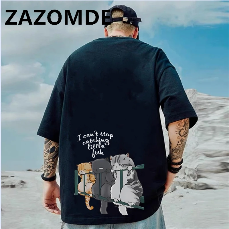 ZAZOMDE Summer Harajuku T-Shirt Oversized HipHop Streetwear Anime Cartoon Cat T Shirts Japanese Tshirt Cotton High Street Tees