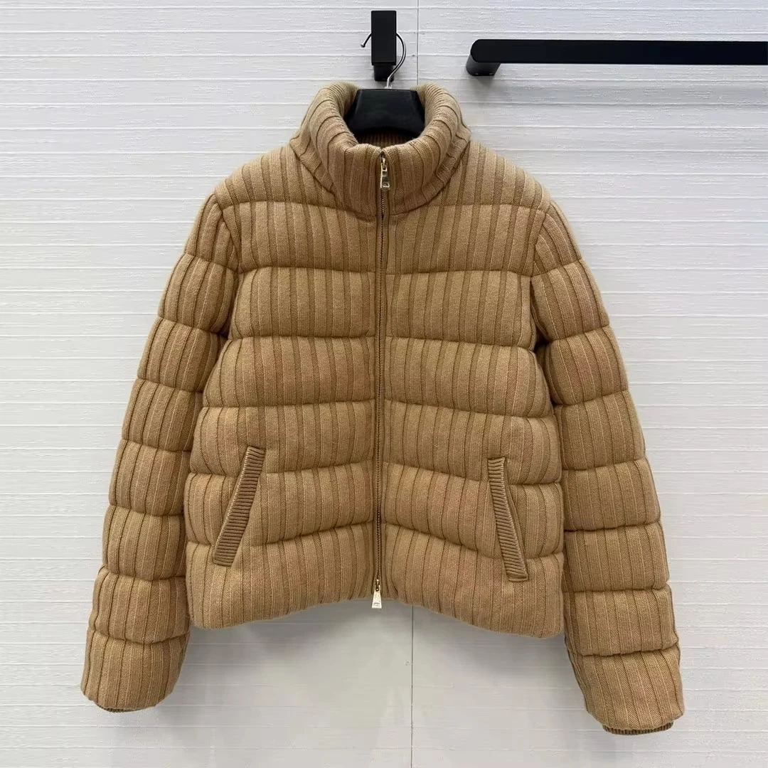 2026 New Winter Thick Warm White Goose Down Cute Jacket Women Turtleneck Long Sleeve Zipper Solid Color Wool Knitted Sweet Coat