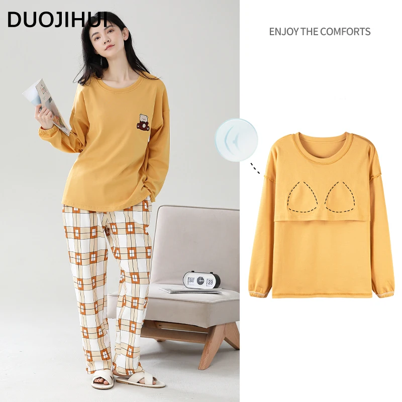 DUOJIHUI Basic Two Piece Casual Pajamas for Women O-neck with Chest Pad Top Fashion Loose Pant Contrast Color Female Pajamas Set