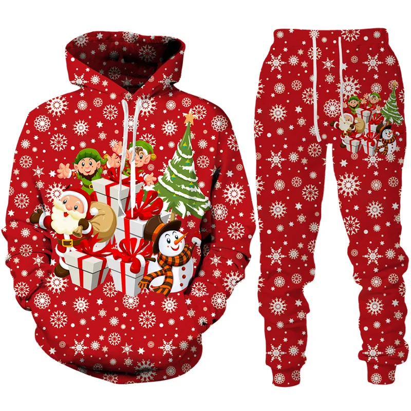 Moda natale pupazzo di neve stampa 3D felpa con cappuccio/pantaloni/tuta da uomo Casual divertente capodanno vestiti da festa coppia Streetwear tuta Set