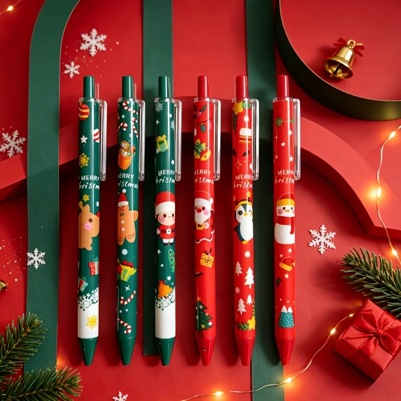 30 Pieces of Randomly Assorted Christmas Black 0.5mm Gel Pens with Santa Claus, Snowman, and Reindeer Print Decorations, Press-Type Signature Pens Writing Tools