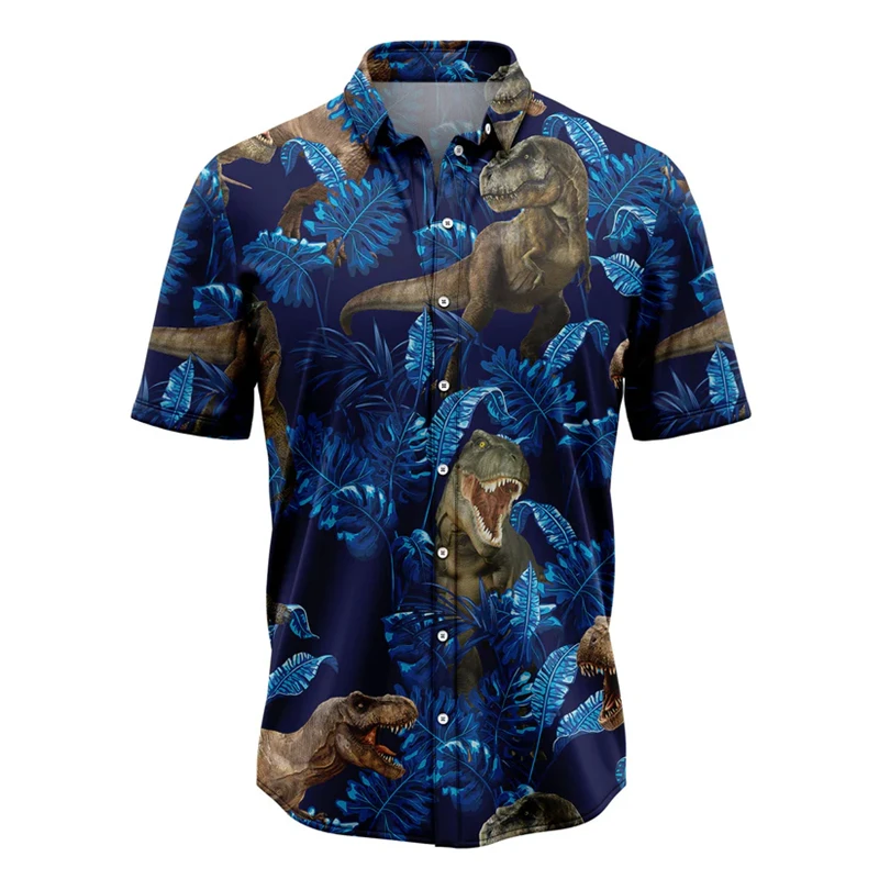 

Fashion Dinosaur Pattern Hawaiian Shirts For Men Summer Trendy Short Sleeve 3D Printed Blouses Casual Beach Vacation Lapel Shirt