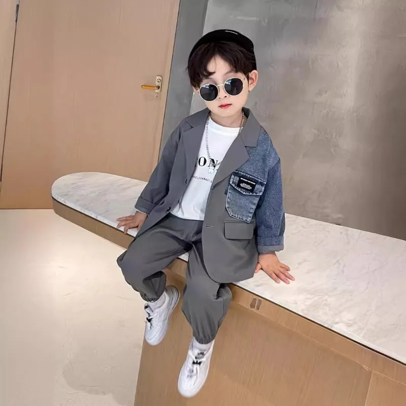 Boys' Suit Suit Spring and Autumn 2025 New Children's Handsome Splicing Denim Personalized Casual Two-piece Set