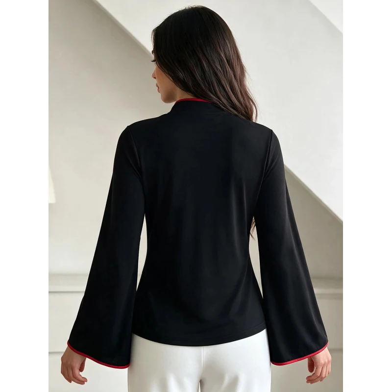 New Chinese style improved cheongsam top, women's spring and autumn standing collar, Chinese style slim fit long sleeved shirt
