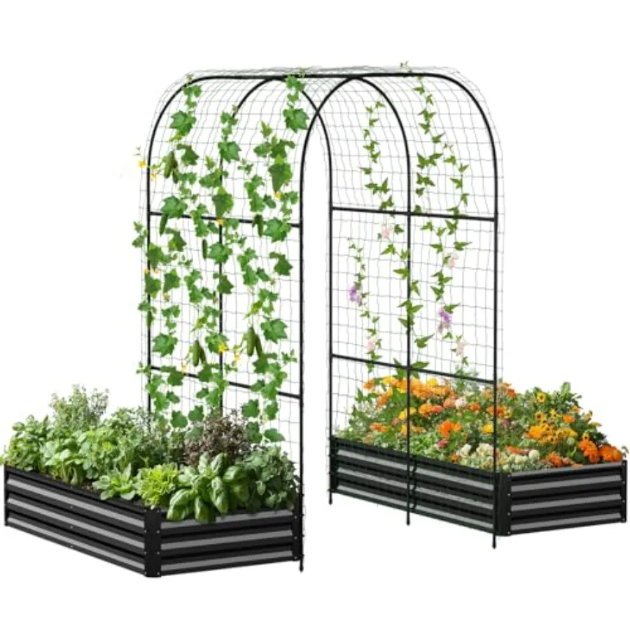 Galvanized Raised Garden Bed with 87 H Trellis for Climbing Plants: outdoor use, galvanized steel, silver-gray, rust-resistant