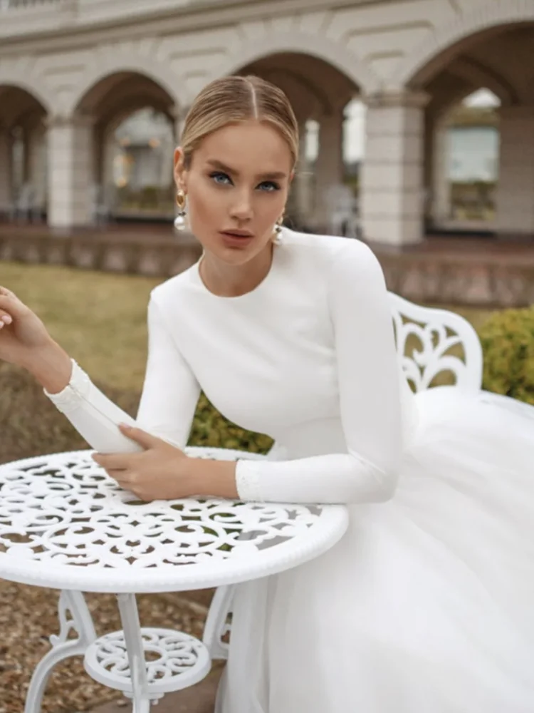 Vestido de casamento com gola o para mulheres, mangas completas, miolo, costas com zíper, vestidos de baile brancos, simples