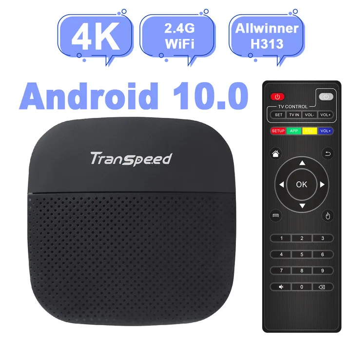 ترانسبيد-تي في بوكس أندرويد 10 ، BT5.0 ، واي فاي سريع ثلاثي الأبعاد ، Allwinner H313 ، 4K ، 16GB ، فك التشفير ، دعم 16GB