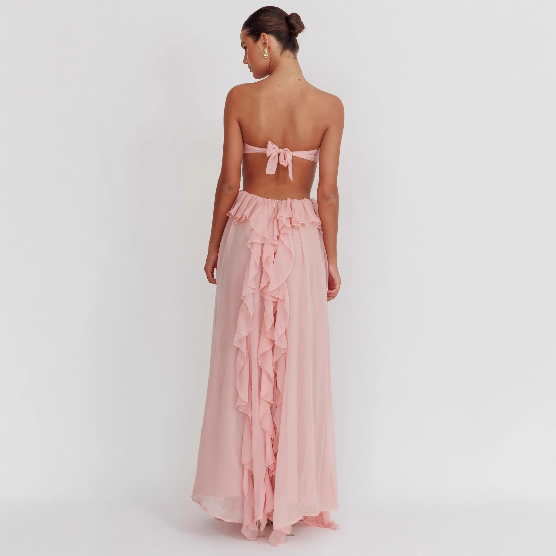 Sexy Backless Chiffon Tie Ruffled Maxi Dress, Sheer Women's Dresses, Bodycon Jumpsuit Playsuit view 4