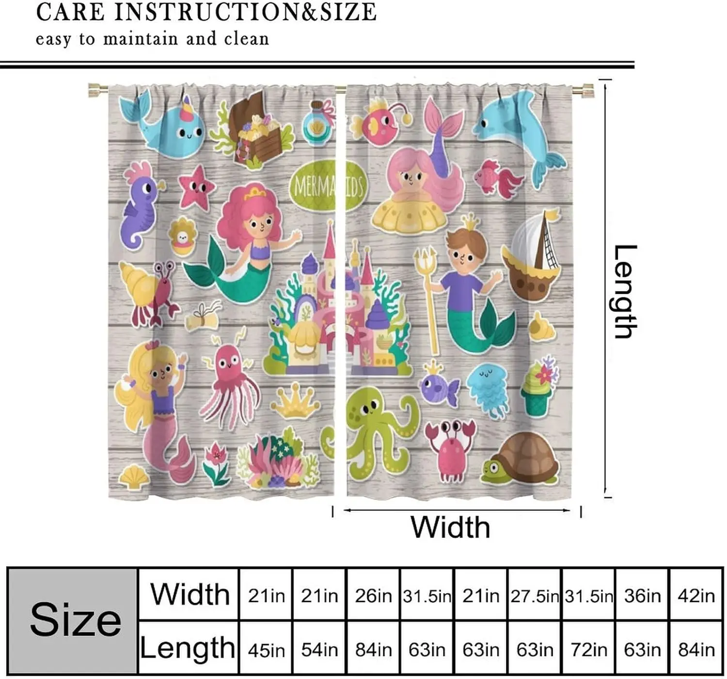 Mermaid Blackout Window Curtain Underwater Kingdom,Cartoon Marine Fairytale Characters on Wooden Background for Home Kitchen
