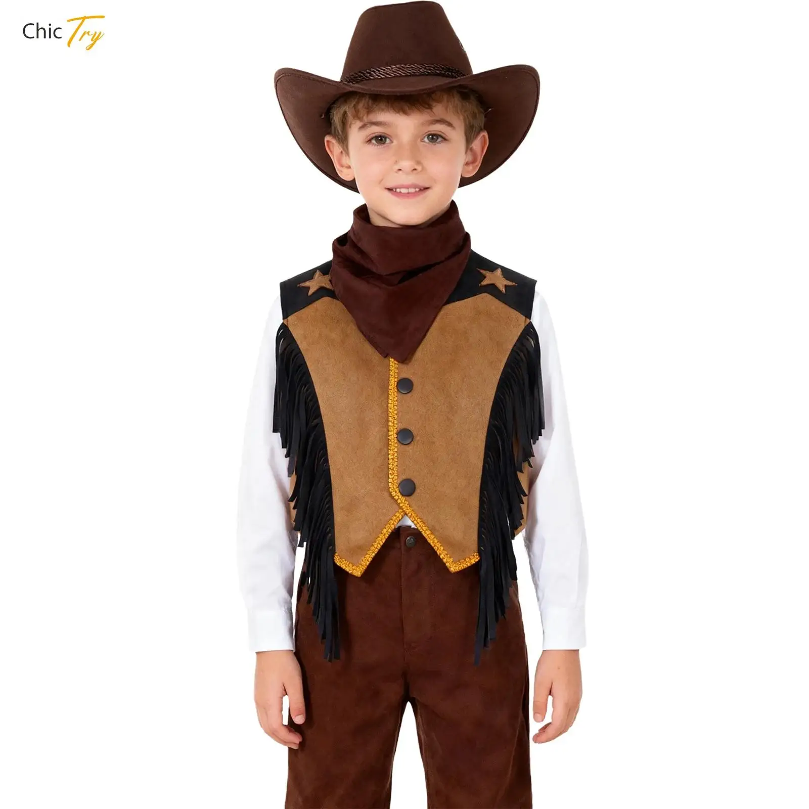 

Girls Boys Cowboy Dress Up Waistcoat Fringed Waistcoat Vest Tops Jacket with Hat Bandana Halloween Cosplay Cowboy Cowgirl Suits