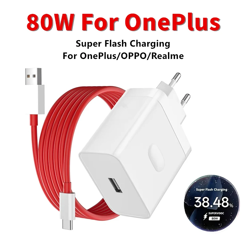 80W SuperVOOC EU Ultra Fast Charger For OnePlus 9 10 Pro 11 12 12R 13 13R 15 15R Nord 3 4 5 CE 3 4 Lite Type-C USB Charge Cable