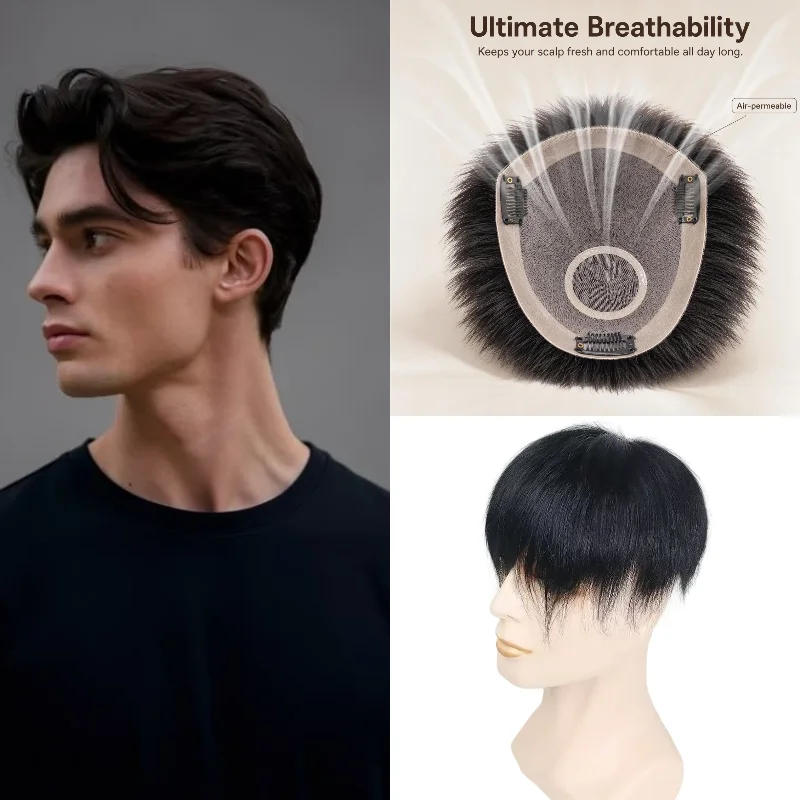 Graduated Crown Men Hairpiece Fully Hand-Woven Lace and PU Base Clip On 100% Human Hair 16x18cm Natural Black