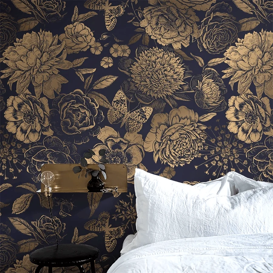 

1 sheet golden floral peel and stick wallpaper 17.7in*118in, removable black background wall sticker for living room bedroom wall and furniture renovation, model rw192