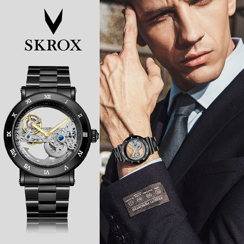 SKROX Hollow Skeleton Automatic Movement Man Watch Mechanical Waterproof Male Wrist Watches Original Top Brand Luxury Clockwork