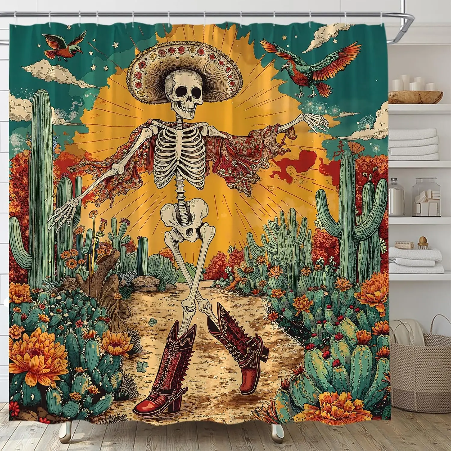 Boho Skeleton Cactus Shower Curtain Day of the Dead Skull Gothic Art Polyester Tropical Bathroom Liner for Home Decor