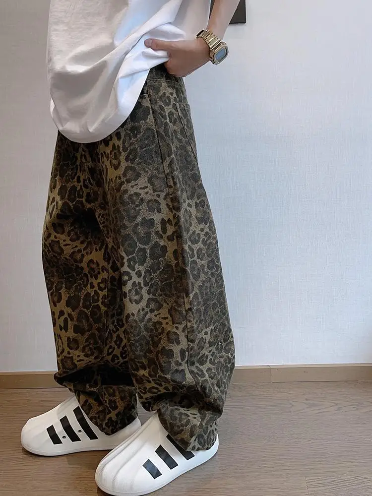 Men's Vintage Washed Camouflage Leopard Print Cargo Pants Military Green Loose Fit Trousers Retro Casual Streetwear Bottoms