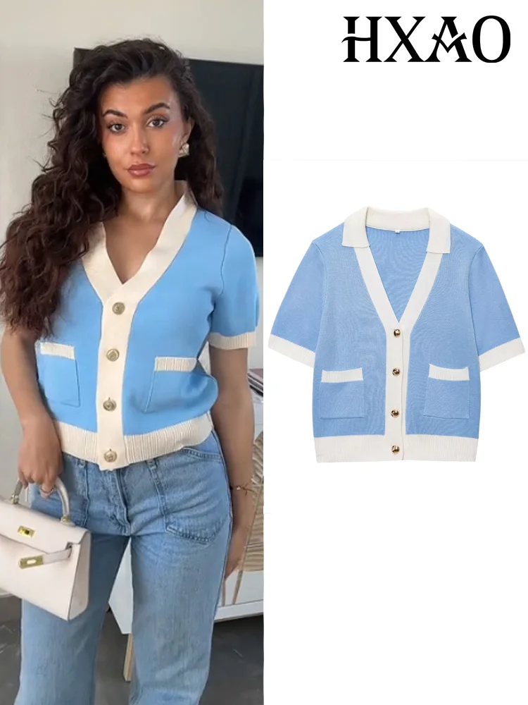 

HXAO Cardigan For Women Crop Knit Button Short Sleeve Tops Ladies Blue Bolero Top Female Cropped Cardigan Women's Tricot