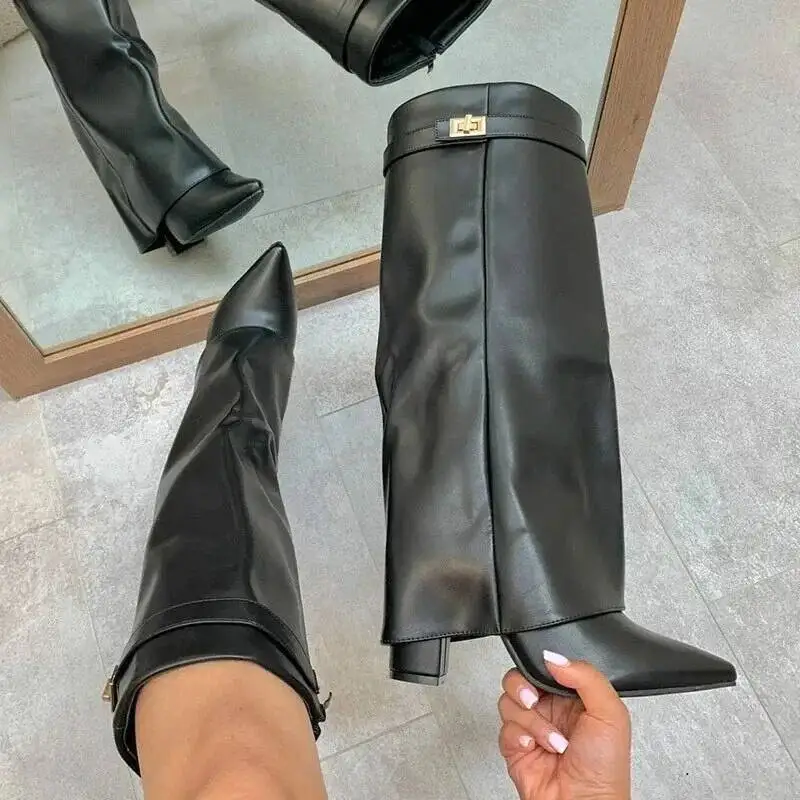 

Apricot Suede Women's Mid-Calf Boots Chunky Heels Pointed Toe Trouser Boots