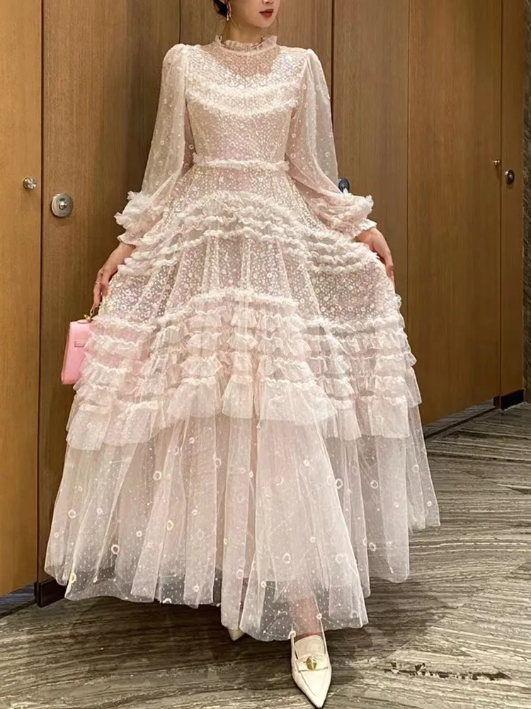 Kbq gespleißt transparente Mesh elegante Kleider für Frauen Rundhals ausschnitt Langarm Patchwork Pailletten mit hoher Taille Kleid weiblichen Modestil