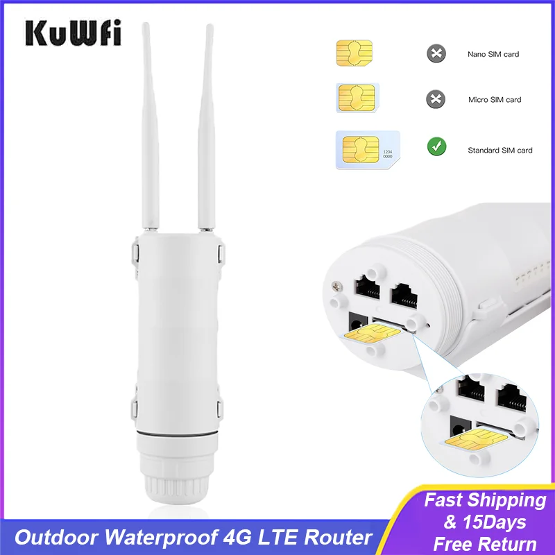 KuWfi 4G LTE Router Outdoor Waterproof 150Mbps Wireless Wifi Router High Speed Antenna Modem with SIM Card Slot Support 64 Users