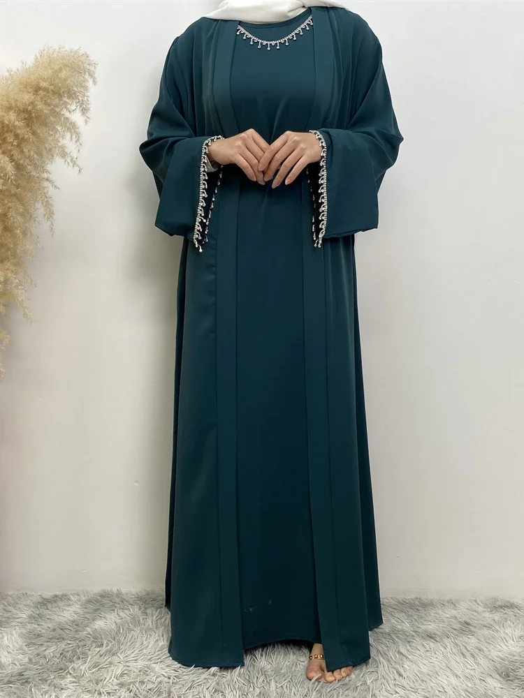 

Eid Muslim Abaya Women 2 Piece Set with Inner Dress Diamond Kimono Cardigan Ramadan Abayas Kaftan Dubai Long Robe Vestidos Largo