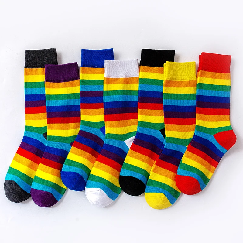 7 Pairs Rainbow Striped Women Socks Cute Elasticity Sweat School Girl Mid Tube Sock Casual Retro Breathable Harajuku Sport Socks