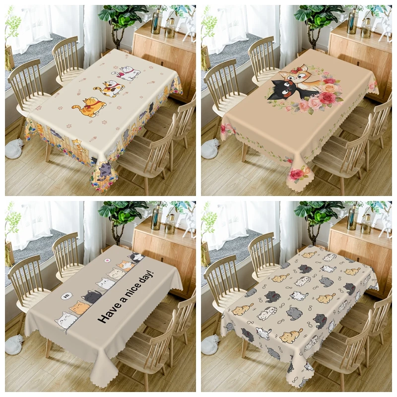 

Cute Cartoon Tablecloth Kitten Dog Animal Design Waterproof Easy Clean Rectangular Table Cover Dining Room Kitchen Home Decor