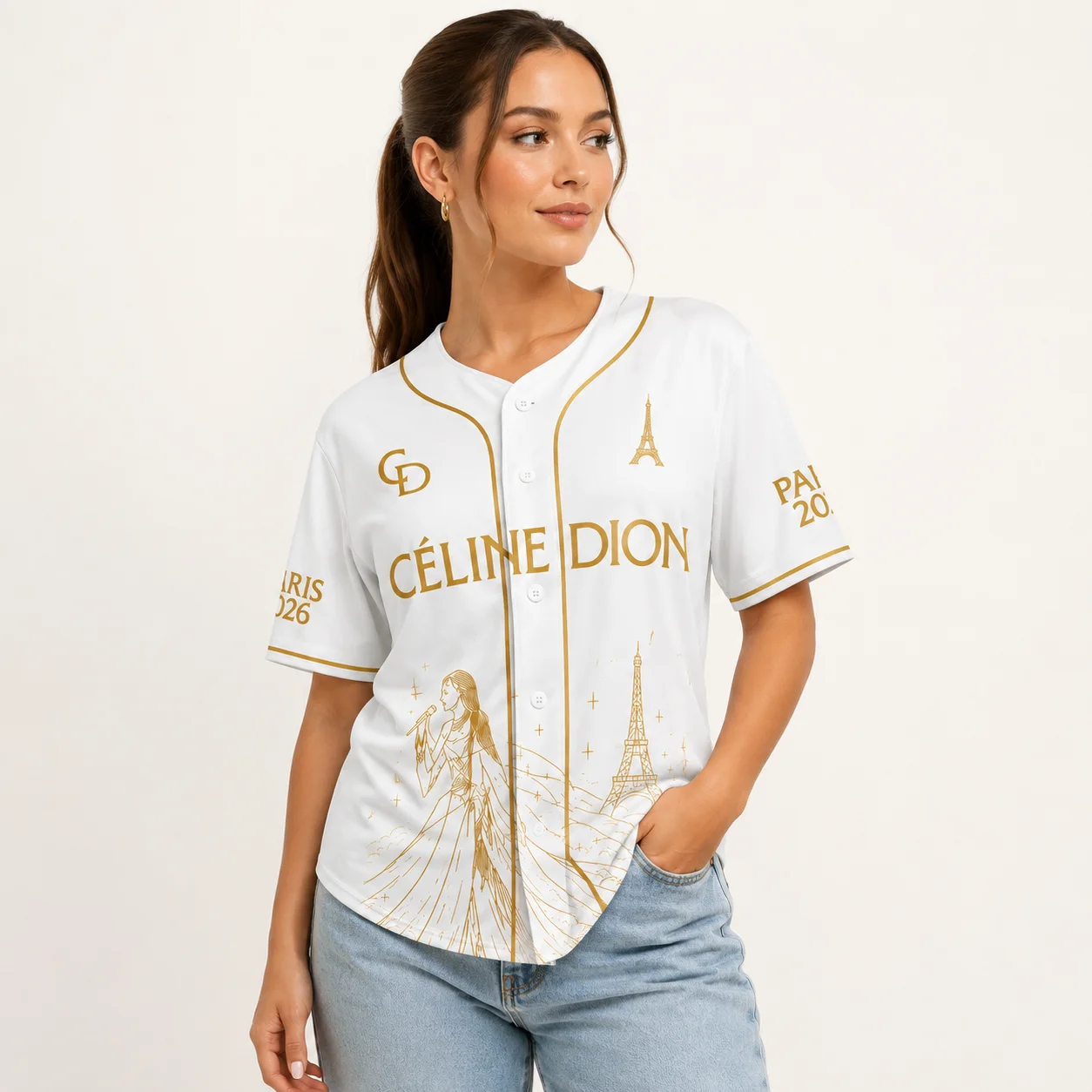 Celine Dion Paris 2026 Tour Baseball Jersey Gold Line Print Unisex Short Sleeve Button‑Up Shirt Fan Gift for Concert Party Daily